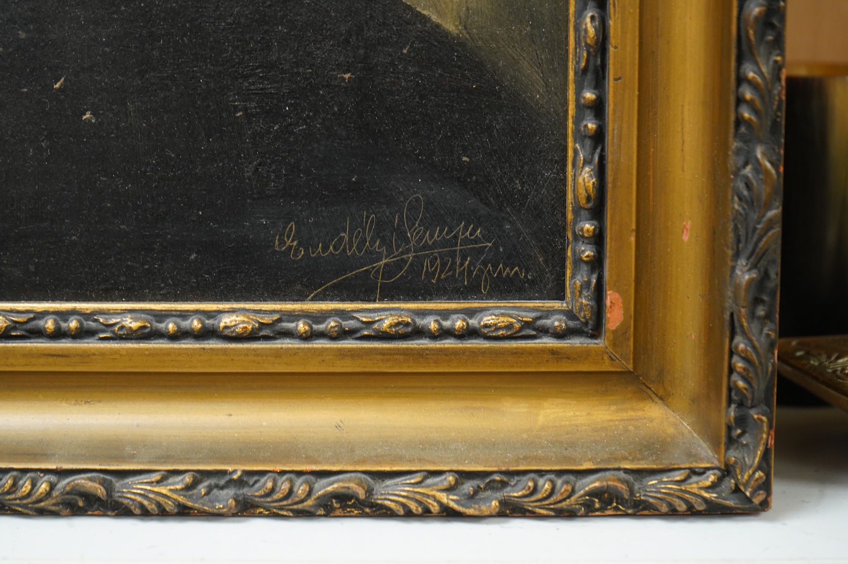 Erdelyi?, Portrait of an elderly lady, indistinctly signed and dated 1921 lower right, oil on board, probably Hungarian, 40 x 32cm